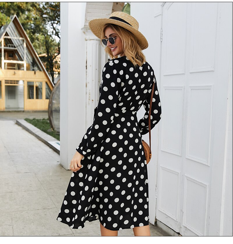 S.FLAVOR Vintage Dot printing Long Dress Elegant V-neck Long Sleeve Comfortable Tea break Dress Autumn Winter Casual Dress