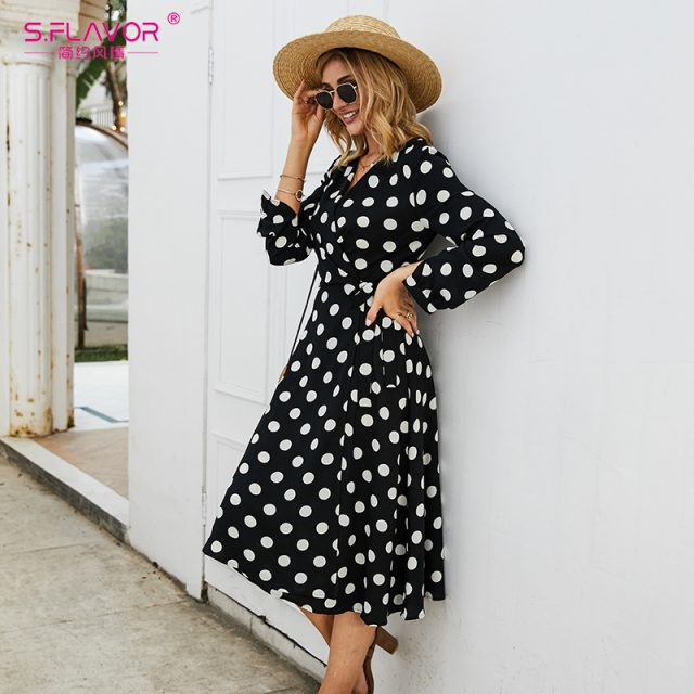 S.FLAVOR Vintage Dot printing Long Dress Elegant V-neck Long Sleeve Comfortable Tea break Dress Autumn Winter Casual Dress