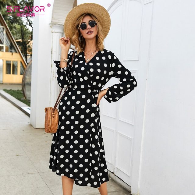 S.FLAVOR Vintage Dot printing Long Dress Elegant V-neck Long Sleeve Comfortable Tea break Dress Autumn Winter Casual Dress