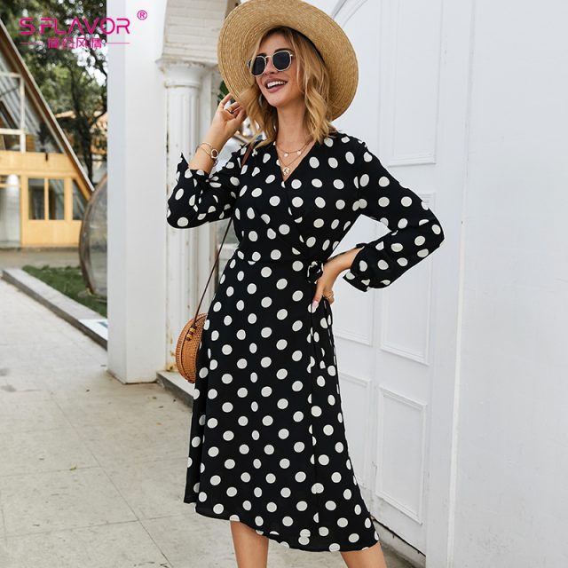 S.FLAVOR Vintage Dot printing Long Dress Elegant V-neck Long Sleeve Comfortable Tea break Dress Autumn Winter Casual Dress