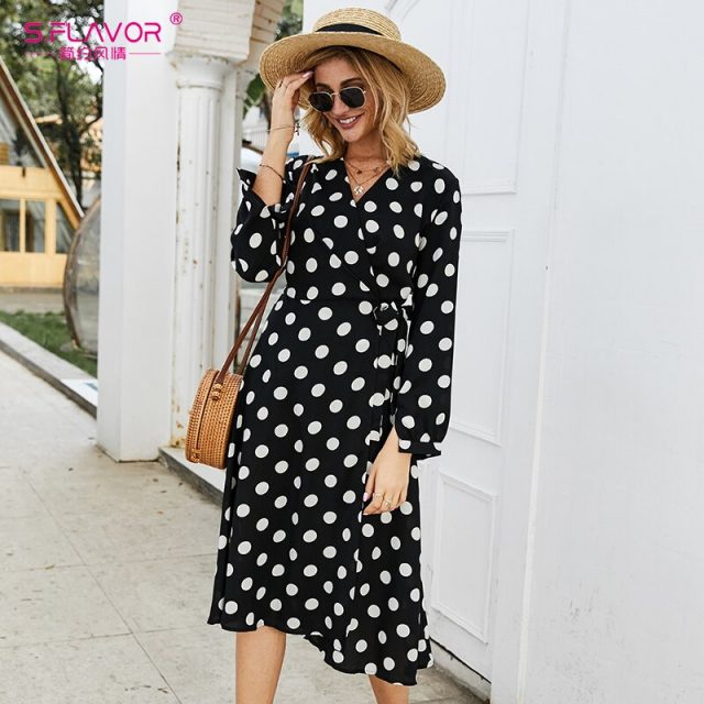 S.FLAVOR Vintage Dot printing Long Dress Elegant V-neck Long Sleeve Comfortable Tea break Dress Autumn Winter Casual Dress