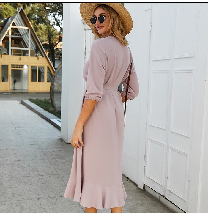 S.FLAVOR Pink V-neck Women Dress Elegant 3/4 Sleeve Single Button Casual Dress Autumn Fashion Ruffle Patchwork Vestidos