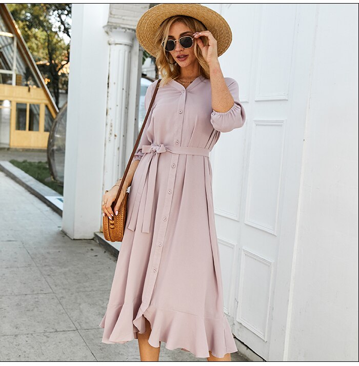 S.FLAVOR Pink V-neck Women Dress Elegant 3/4 Sleeve Single Button Casual Dress Autumn Fashion Ruffle Patchwork Vestidos