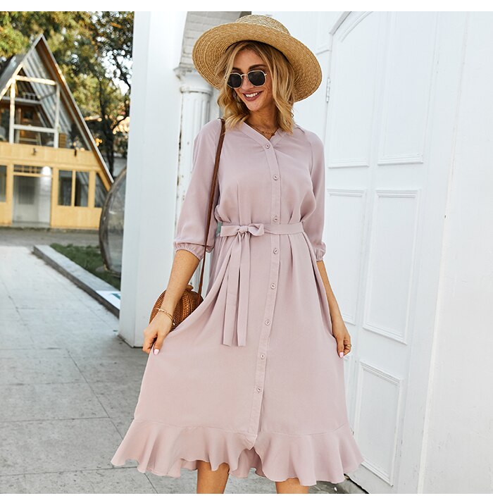 S.FLAVOR Pink V-neck Women Dress Elegant 3/4 Sleeve Single Button Casual Dress Autumn Fashion Ruffle Patchwork Vestidos