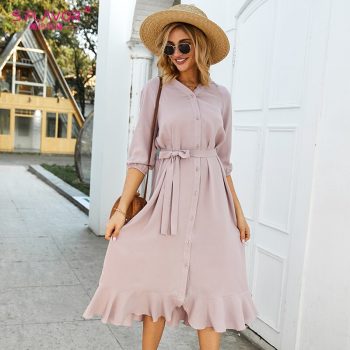 S.FLAVOR Pink V-neck Women Dress Elegant 3/4 Sleeve Single Button Casual Dress Autumn Fashion Ruffle Patchwork Vestidos