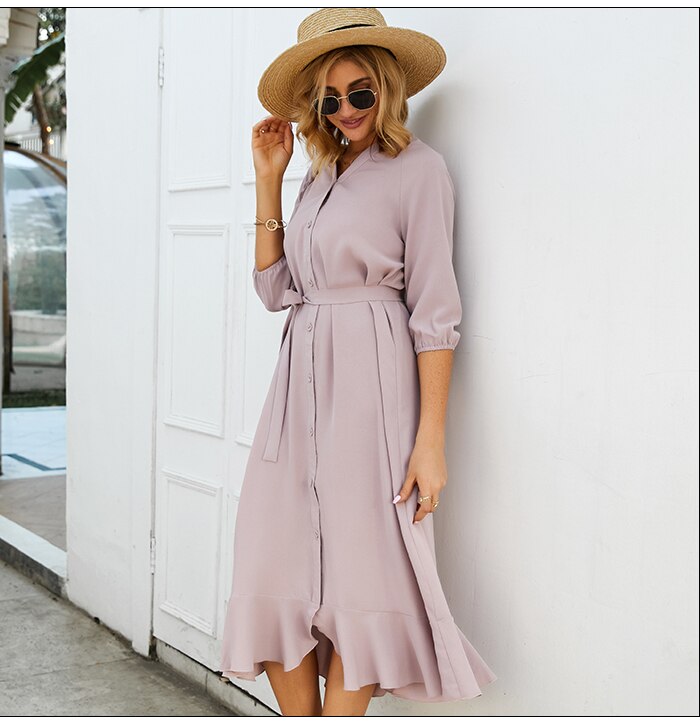 S.FLAVOR Pink V-neck Women Dress Elegant 3/4 Sleeve Single Button Casual Dress Autumn Fashion Ruffle Patchwork Vestidos