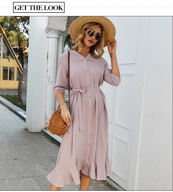 S.FLAVOR Pink V-neck Women Dress Elegant 3/4 Sleeve Single Button Casual Dress Autumn Fashion Ruffle Patchwork Vestidos