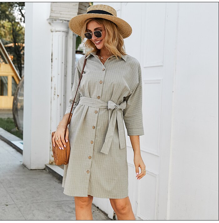 S.FLAVOR Women Striped Casual Dress Elegant Shirt Style Single Button Short Dress Turn-Down Collar Autumn Winter Dress