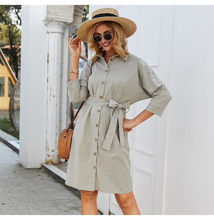 S.FLAVOR Women Striped Casual Dress Elegant Shirt Style Single Button Short Dress Turn-Down Collar Autumn Winter Dress