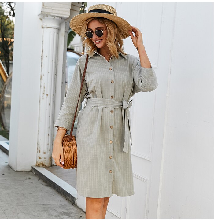 S.FLAVOR Women Striped Casual Dress Elegant Shirt Style Single Button Short Dress Turn-Down Collar Autumn Winter Dress