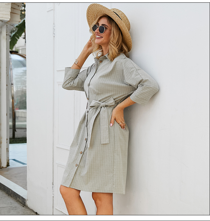 S.FLAVOR Women Striped Casual Dress Elegant Shirt Style Single Button Short Dress Turn-Down Collar Autumn Winter Dress