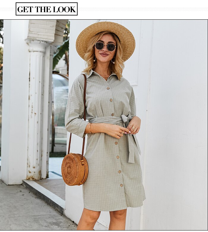 S.FLAVOR Women Striped Casual Dress Elegant Shirt Style Single Button Short Dress Turn-Down Collar Autumn Winter Dress