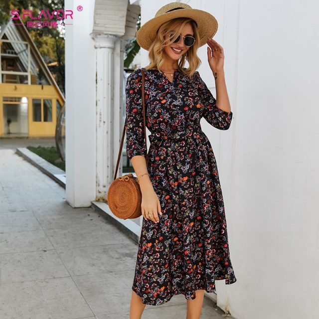 S.FLAVOR Women Black Small Floral Printed Dress Autumn Winter Women Casual Dress 3/4 Sleeve A-line Vestidos De Festa