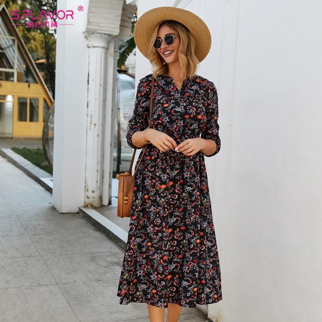 S.FLAVOR Women Black Small Floral Printed Dress Autumn Winter Women Casual Dress 3/4 Sleeve A-line Vestidos De Festa