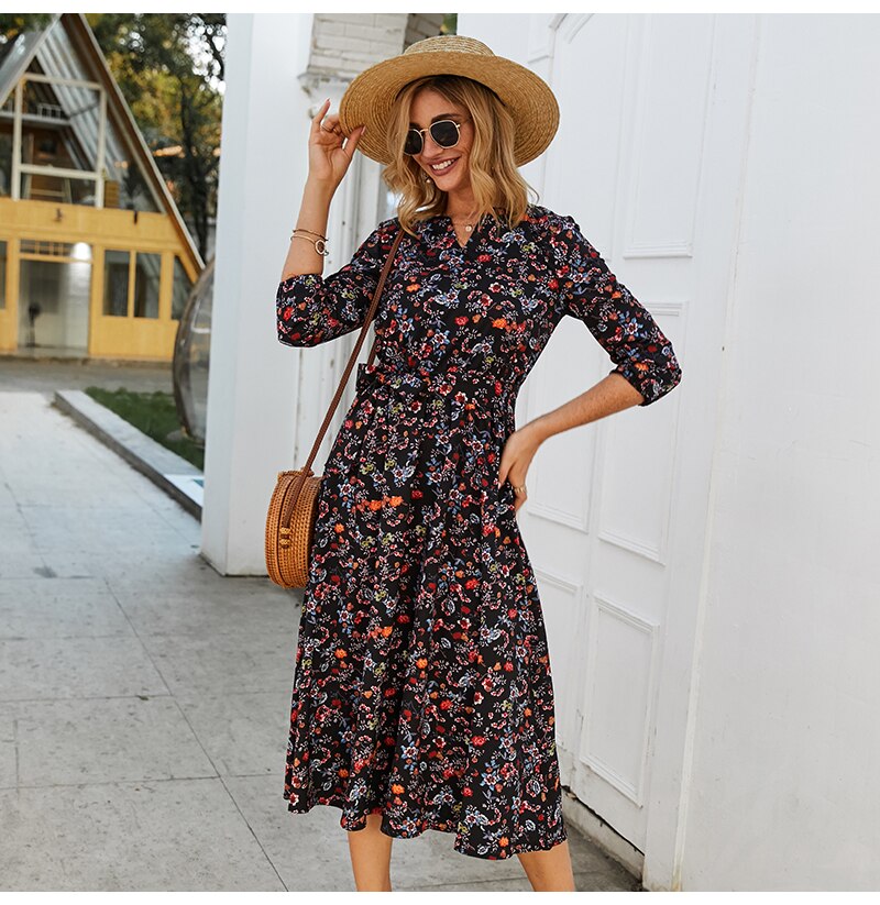 S.FLAVOR Women Black Small Floral Printed Dress Autumn Winter Women Casual Dress 3/4 Sleeve A-line Vestidos De Festa