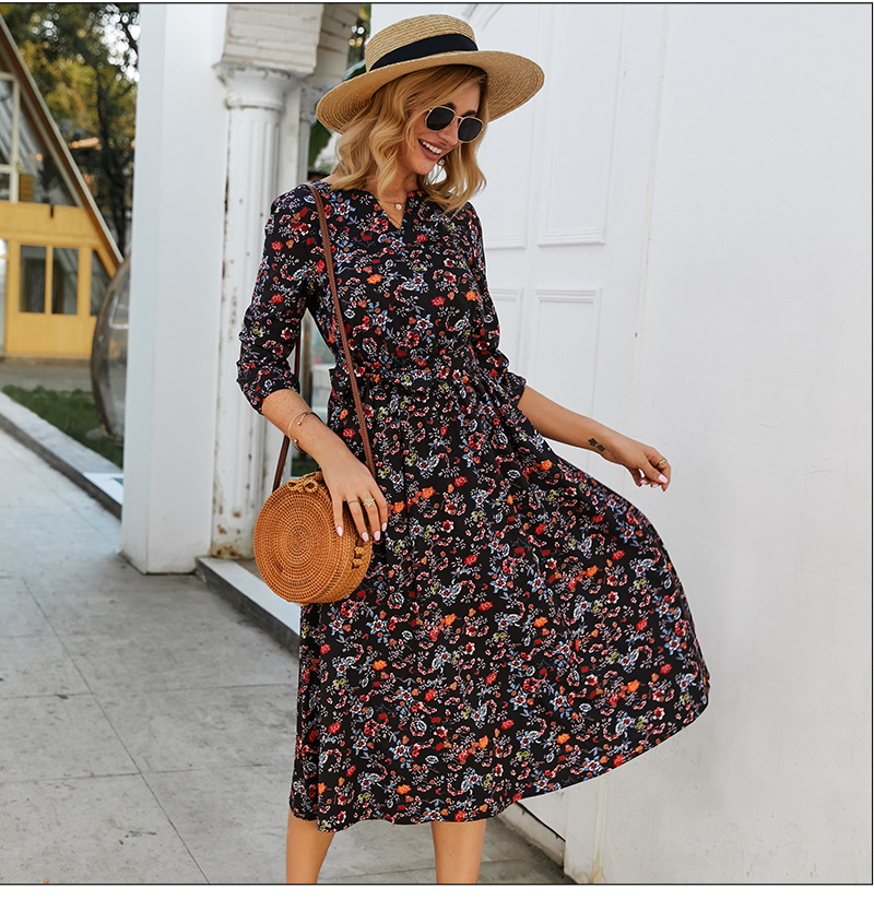 S.FLAVOR Women Black Small Floral Printed Dress Autumn Winter Women Casual Dress 3/4 Sleeve A-line Vestidos De Festa