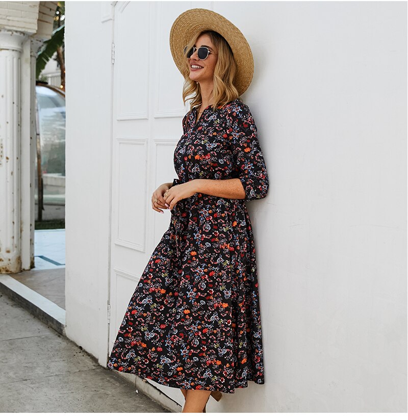 S.FLAVOR Women Black Small Floral Printed Dress Autumn Winter Women Casual Dress 3/4 Sleeve A-line Vestidos De Festa