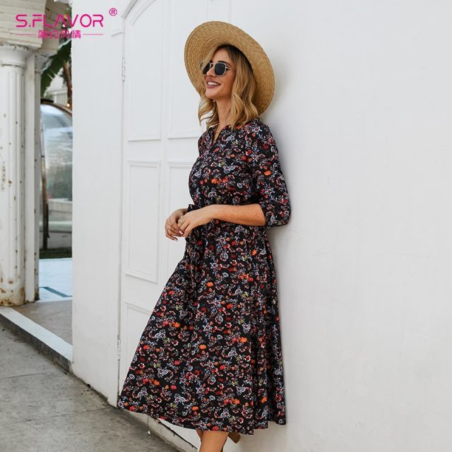 S.FLAVOR Women Black Small Floral Printed Dress Autumn Winter Women Casual Dress 3/4 Sleeve A-line Vestidos De Festa