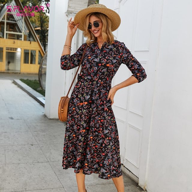 S.FLAVOR Women Black Small Floral Printed Dress Autumn Winter Women Casual Dress 3/4 Sleeve A-line Vestidos De Festa