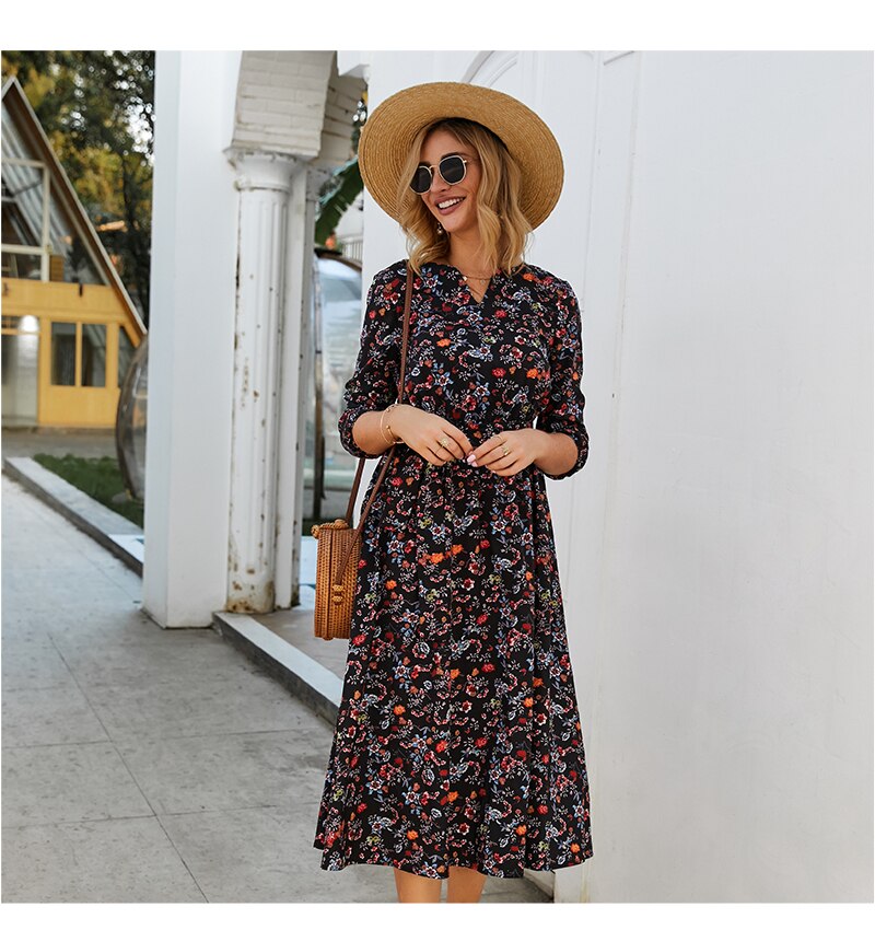 S.FLAVOR Women Black Small Floral Printed Dress Autumn Winter Women Casual Dress 3/4 Sleeve A-line Vestidos De Festa