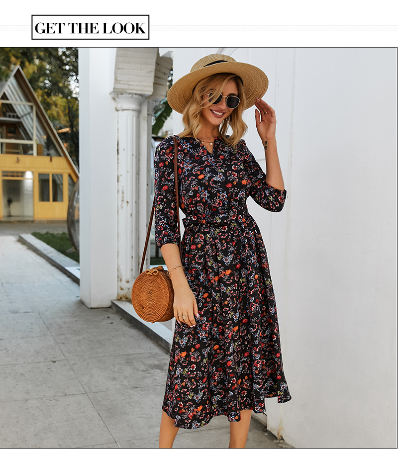 S.FLAVOR Women Black Small Floral Printed Dress Autumn Winter Women Casual Dress 3/4 Sleeve A-line Vestidos De Festa