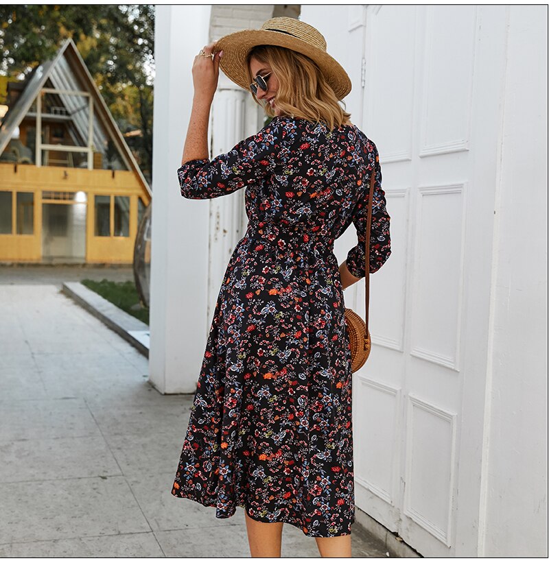 S.FLAVOR Women Black Small Floral Printed Dress Autumn Winter Women Casual Dress 3/4 Sleeve A-line Vestidos De Festa