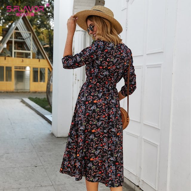 S.FLAVOR Women Black Small Floral Printed Dress Autumn Winter Women Casual Dress 3/4 Sleeve A-line Vestidos De Festa