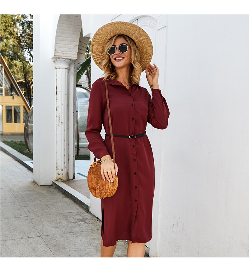 S.FLAVOR Women Casual Skirts Style Dress No Belt Elegant Turn-Down Collar Autumn Winter Dress For Female Solid Button Vestidos