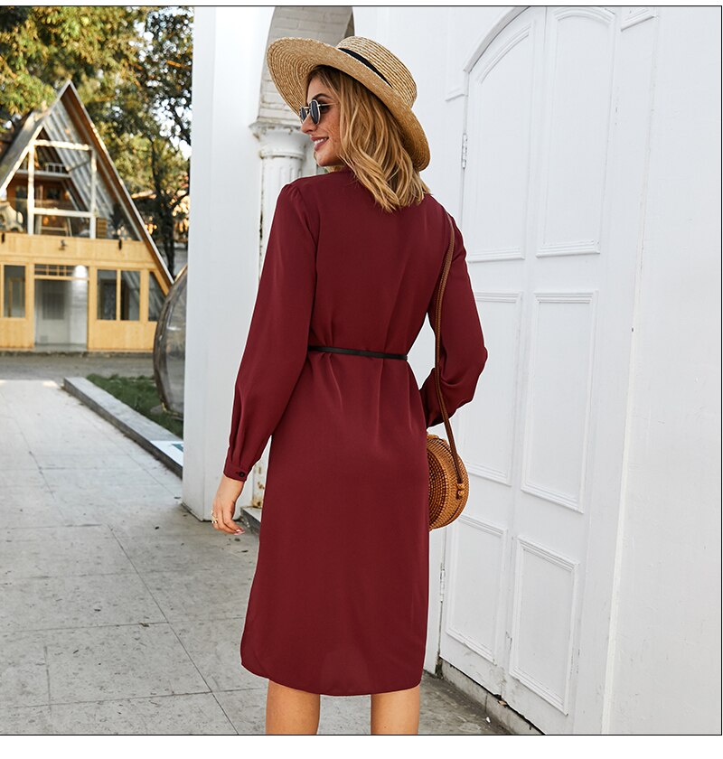 S.FLAVOR Women Casual Skirts Style Dress No Belt Elegant Turn-Down Collar Autumn Winter Dress For Female Solid Button Vestidos