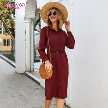 S.FLAVOR Women Casual Skirts Style Dress No Belt Elegant Turn-Down Collar Autumn Winter Dress For Female Solid Button Vestidos