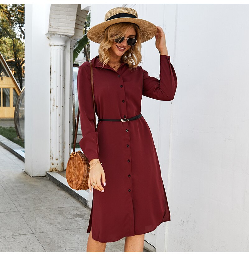 S.FLAVOR Women Casual Skirts Style Dress No Belt Elegant Turn-Down Collar Autumn Winter Dress For Female Solid Button Vestidos