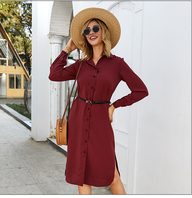 S.FLAVOR Women Casual Skirts Style Dress No Belt Elegant Turn-Down Collar Autumn Winter Dress For Female Solid Button Vestidos