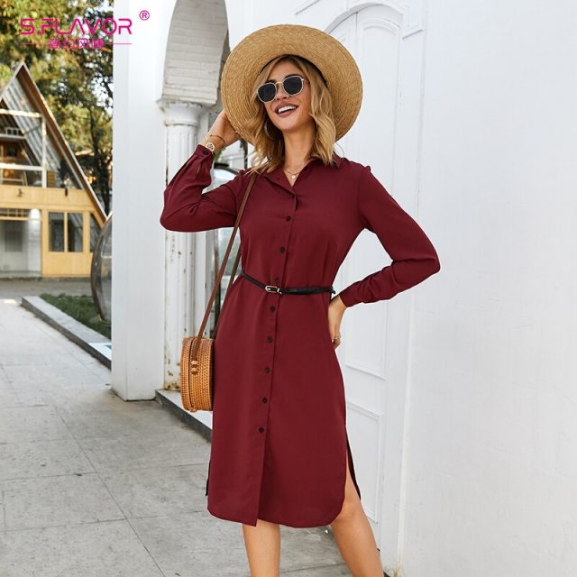 S.FLAVOR Women Casual Skirts Style Dress No Belt Elegant Turn-Down Collar Autumn Winter Dress For Female Solid Button Vestidos