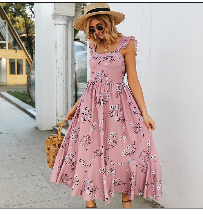 S.FLAVOR Elegant Women Square Collar Party Vestidos Floral Printed Patchwork Pleated Sexy Sleeveless Dress Spring Autumn Dress