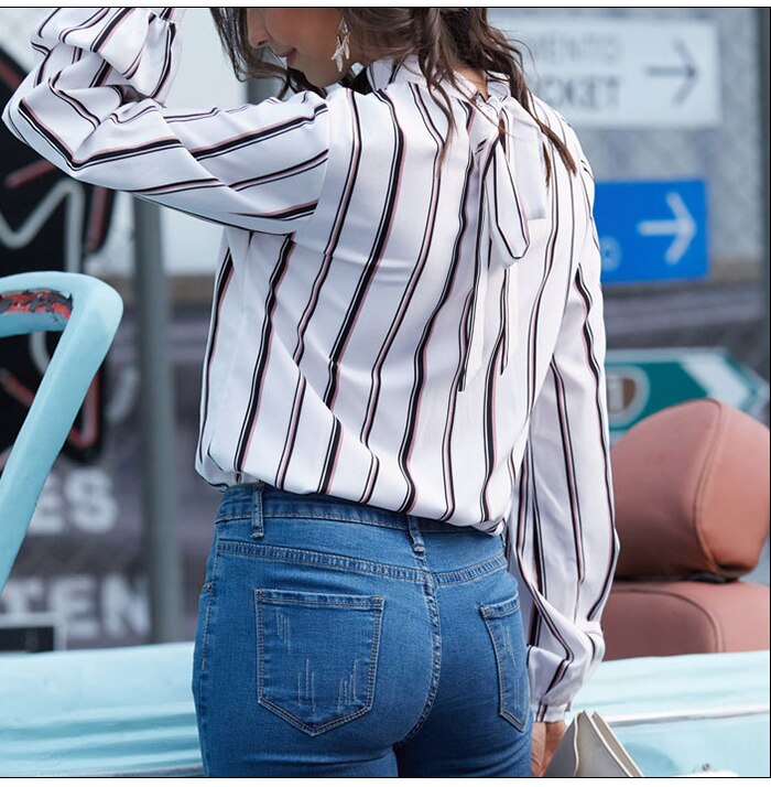 S.FLAVOR Office Lady Elegant Striped Print Long Sleeve Blouse 2019 Autumn Loose Bow Women Tops And Blouses Casual Shirt