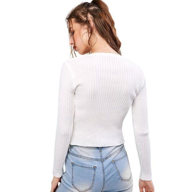 ZAFUL Button Up Ribbed Knit Cardigan For Women V-Neck Long Sleeve Slim Female Solid Color Tops Autumn Newest 2019