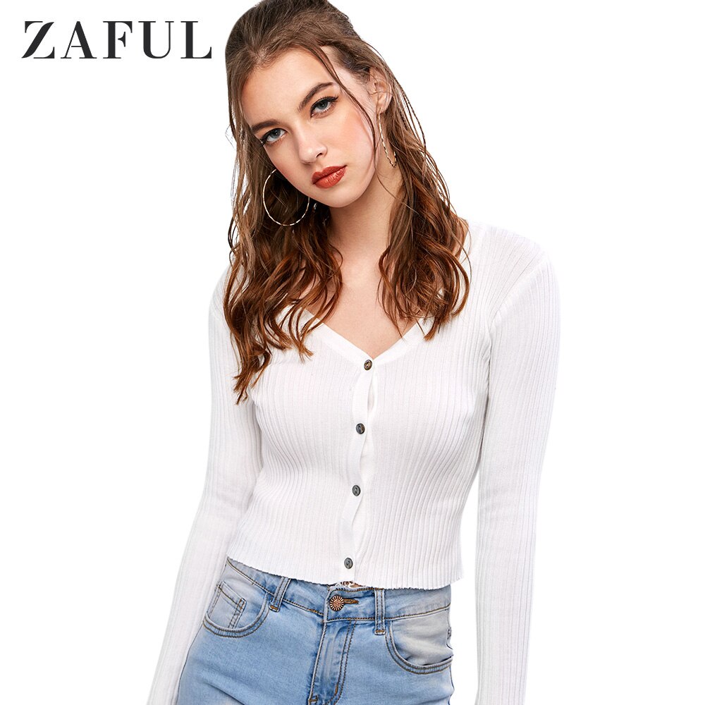 ZAFUL Button Up Ribbed Knit Cardigan For Women V-Neck Long Sleeve Slim Female Solid Color Tops Autumn Newest 2019