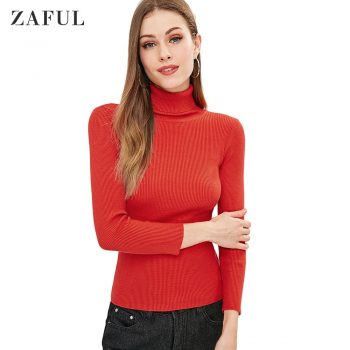 ZAFUL Roll Neck Ribbed Slimming Sweater TurtleneckSlim Fit Pullover Solid Color Elastic Basic Women Warm Sweater Autumn Winter