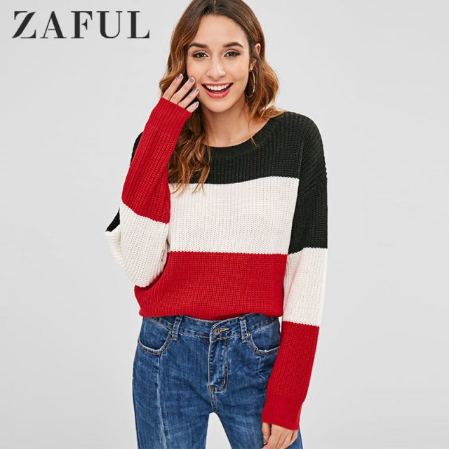 ZAFUL Women Contrasting Pullover Striped Sweater Round O Neck Long Sleeve Sweater Classic Femme Elasticity Pullovers 2019 Winter