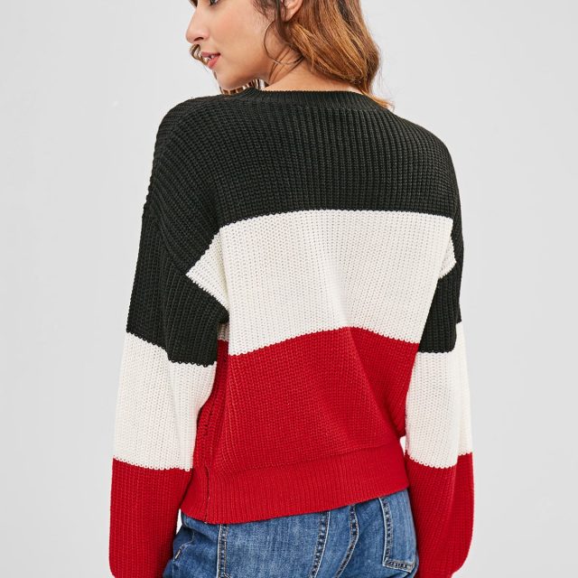 ZAFUL Women Contrasting Pullover Striped Sweater Round O Neck Long Sleeve Sweater Classic Femme Elasticity Pullovers 2019 Winter
