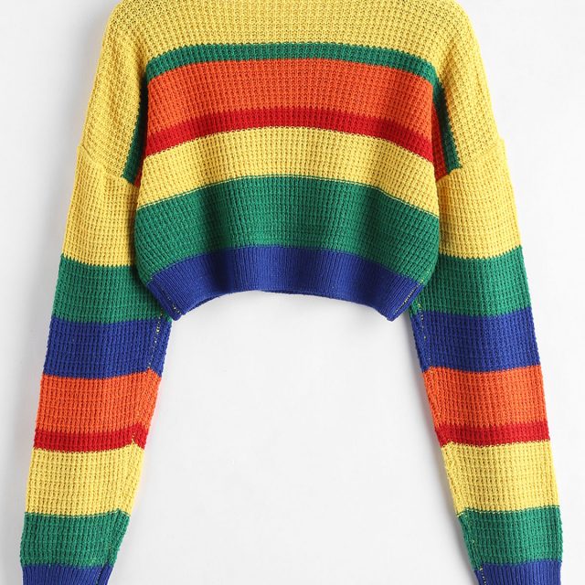 ZAFUL Dropped Shoulder Color Block Sweater O-Neck Elastic Waist Patchwork Loose Pullovers Streetwear Women Sweet Tops Autumn