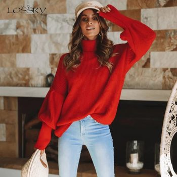 Lossky Women Knitted Sweater Turtleneck Long Sleeve Tops Autumn Winter Leisure Yellow Loose Pullovers Soft Minimali Sweater 2019