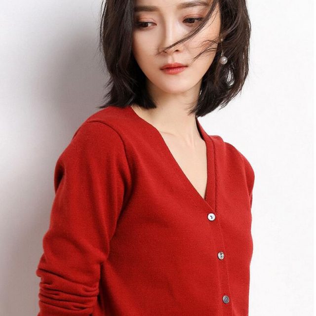 Lossky Women Knitted Sweater Cardigan Korean Style V Neck Autumn Long Sleeve Coat Female Red Black Wild Ladies Clothing Minimali