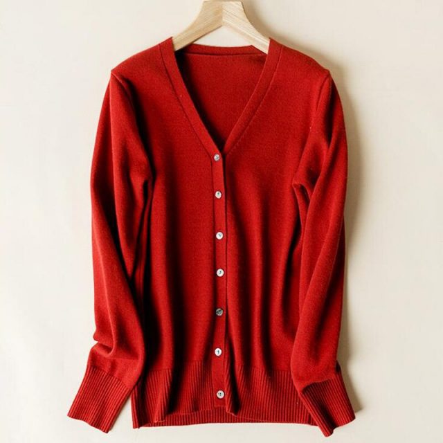 Lossky Women Knitted Sweater Cardigan Korean Style V Neck Autumn Long Sleeve Coat Female Red Black Wild Ladies Clothing Minimali