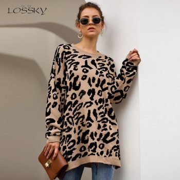 Lossky Women Knitted Sweater Tops Leopard Printed Long-sleeved Casual Antumn Spring Pullover Sweaters Loose Lady Streetwear 2019