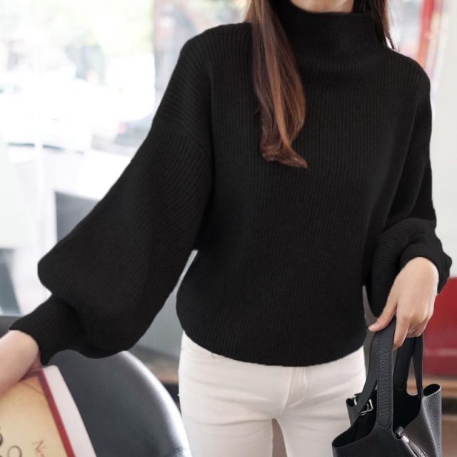 Women Sweaters Fashion Turtleneck Batwing Sleeve Wool Pullovers Loose Knitted Spring Sweater Female Jumper Pull Black White 2019