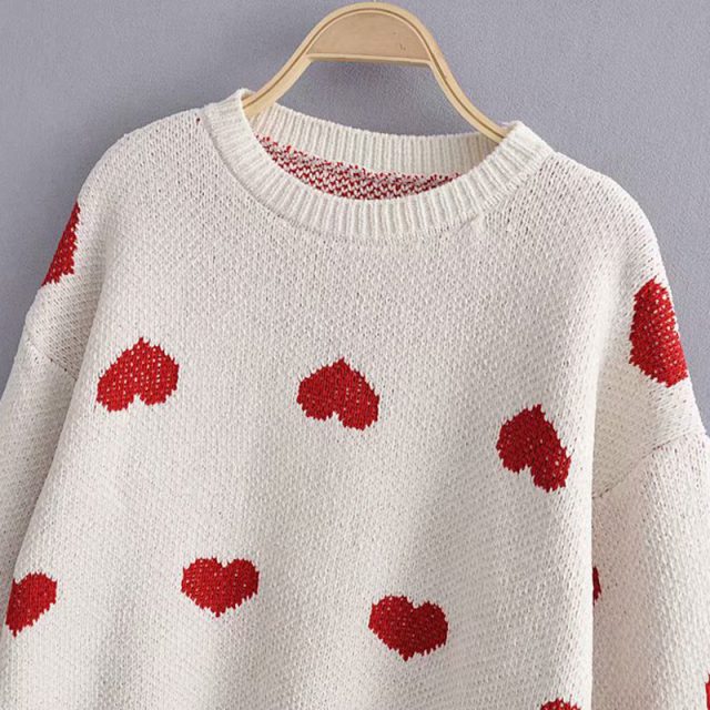 Lossky Sweater Tops Women Autumn Winter Chenille Long Sleeve Loose Red Knit Pullovers Fashion Heart Print Clothing 2019 Leisure