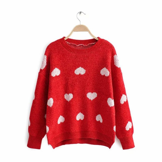 Lossky Sweater Tops Women Autumn Winter Chenille Long Sleeve Loose Red Knit Pullovers Fashion Heart Print Clothing 2019 Leisure