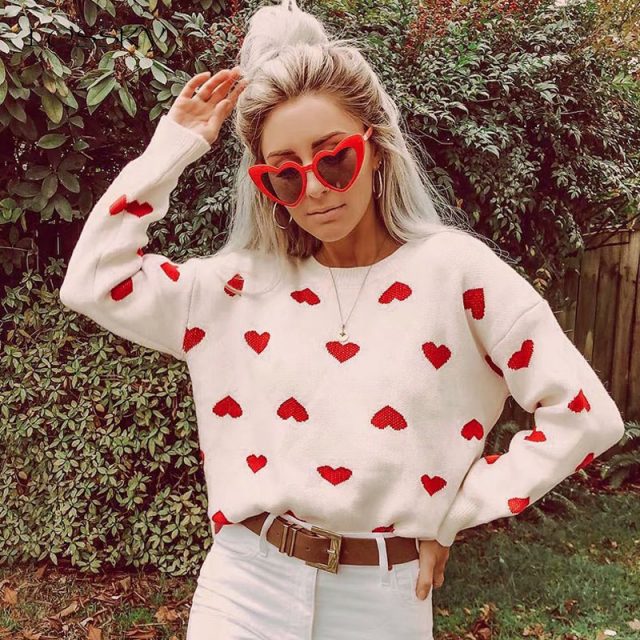 Lossky Sweater Tops Women Autumn Winter Chenille Long Sleeve Loose Red Knit Pullovers Fashion Heart Print Clothing 2019 Leisure