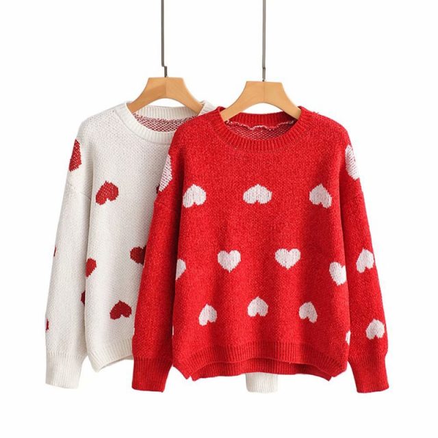 Lossky Sweater Tops Women Autumn Winter Chenille Long Sleeve Loose Red Knit Pullovers Fashion Heart Print Clothing 2019 Leisure